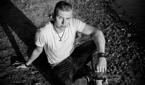 Young Guy Beach Tranquility Mood Rest Vacation Summer Portrait Handsome —  Fotos de Stock