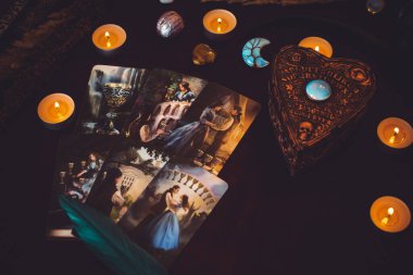 Magical attribute of modern witch, witchcraft concept. Tarot cards and other rituals. Illustrative editorial. Europe, Ukraine, Kiev. August 24