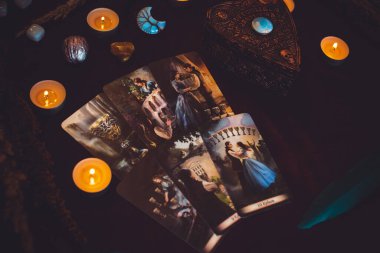 Magical attribute of modern witch, witchcraft concept. Tarot cards and other rituals. Illustrative editorial. Europe, Ukraine, Kiev. August 24