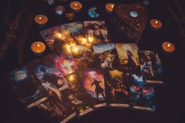 Magical attribute of modern witch, witchcraft concept. Tarot cards and other rituals. Illustrative editorial. Europe, Ukraine, Kiev. August 24