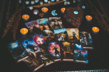 Magical attribute of modern witch, witchcraft concept. Tarot cards and other rituals. Illustrative editorial. Europe, Ukraine, Kiev. August 24