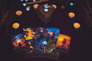 Magical attribute of modern witch, witchcraft concept. Tarot cards and other rituals. Illustrative editorial. Europe, Ukraine, Kiev. August 24