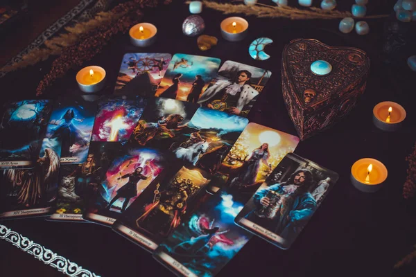 Magical Attribute Modern Witch Witchcraft Concept Tarot Cards Other Rituals — Stok fotoğraf