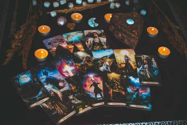 Magical Attribute Modern Witch Witchcraft Concept Tarot Cards Other Rituals — Stockfoto