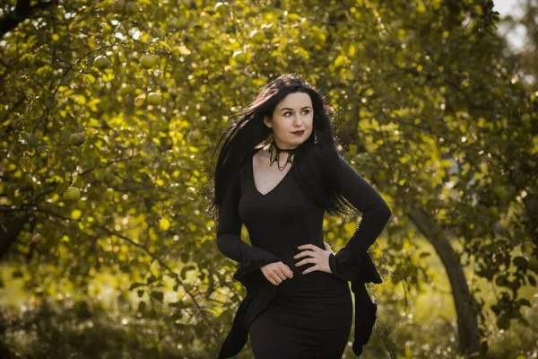 Joven Mujer Hermosa Misteriosa Bruja Vestido Negro Vacaciones Halloween Tiempo — Foto de Stock