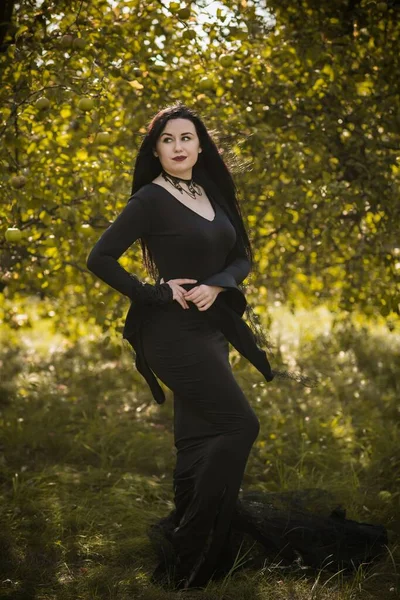 Siyah Elbiseli Güzel Gizemli Cadı Kadın Cadılar Bayramı Sihirli Zaman — Stok fotoğraf