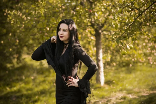 Junge Schöne Und Geheimnisvolle Hexe Schwarzem Kleid Halloween Magische Zeit — Stockfoto