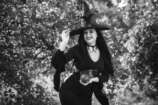 Młoda Piękna Tajemnicza Czarownica Czarnej Sukience Święta Halloween Magiczny Czas — Zdjęcie stockowe