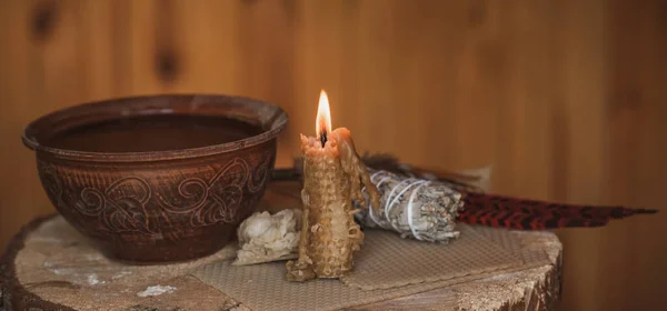 Candle Burns Altar Powerful Magic Candles Energy Cleaning Wicca Concept — Stock Photo, Image