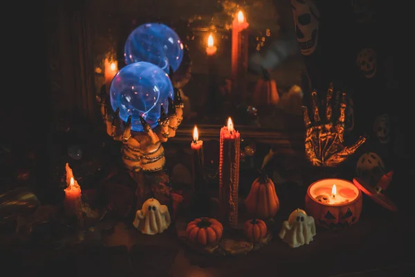 Varázslatos Dolgokat Halloween Dekoráció Design Party Közeli Részleteket Ünneplés Koncepció — Stock Fotó