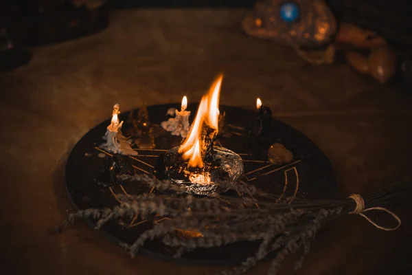 Queimaduras Vela Altar Velas Mágicas Aura Limpa Energia Negativa Conceito — Fotografia de Stock