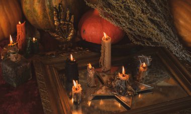 Cadılar Bayramı için sihirli şeyler, yaratıcı fikirler ve parti için tasarım, detayları kapat, kutlama konsepti