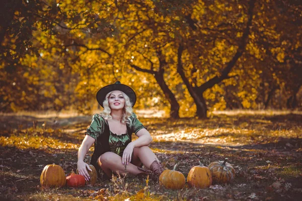 Halloween Strega Signora Nella Foresta Mistica Atmosfera Ottobre Concetto Stregoneria — Foto Stock