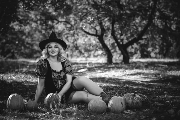 Halloween Lady Czarownica Tajemniczym Lesie Październikowa Atmosfera Koncepcja Czarów Pomysły — Zdjęcie stockowe