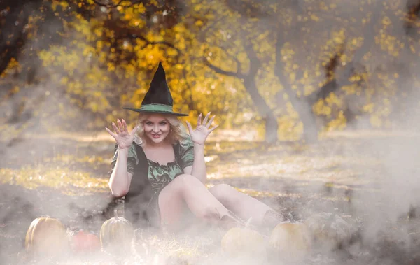 Halloween Idő Boszorkány Hölgy Mystical Erdő Október Hangulat Boszorkányság Koncepció — Stock Fotó