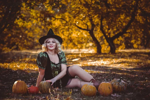 Tiempo Halloween Señora Bruja Bosque Místico Atmósfera Octubre Concepto Brujería —  Fotos de Stock
