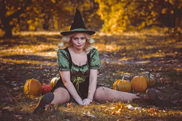 Halloween Tijd Heks Lady Mystieke Woud Oktober Sfeer Hekserij Concept — Stockfoto