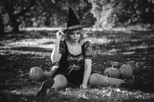 Halloween Lady Czarownica Tajemniczym Lesie Październikowa Atmosfera Koncepcja Czarów Pomysły — Zdjęcie stockowe