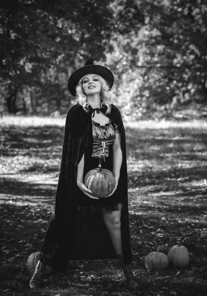 Halloween Idő Boszorkány Hölgy Mystical Erdő Október Hangulat Boszorkányság Koncepció — Stock Fotó