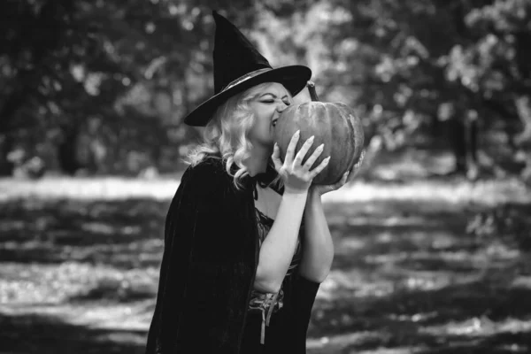 Halloween Time Witch Lady Mystical Forest October Atmosphere Witchcraft Concept — Stock Photo, Image