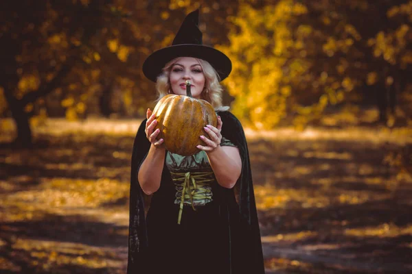 Cadılar Bayramı Zamanı Gizemli Ormandaki Cadı Kadın Ekim Atmosferi Cadılık — Stok fotoğraf