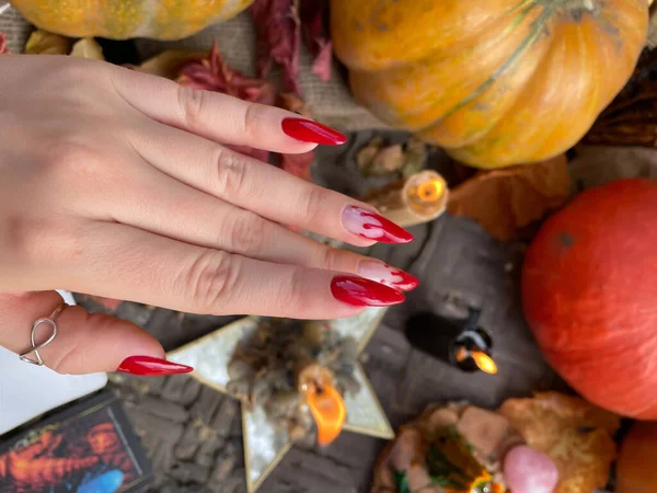 Close Woman Hand Halloween Gothic Vampire Manicure Details Halloween Party — Stock Photo, Image