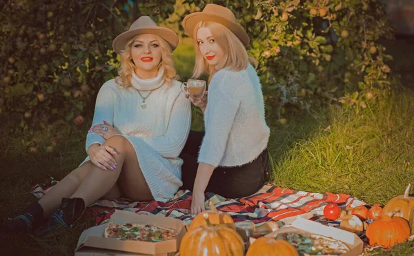 Dwie Blondynki Pikniku Przyjaźń Kobiet Miłość Koncepcja Związku Styl Życia — Zdjęcie stockowe