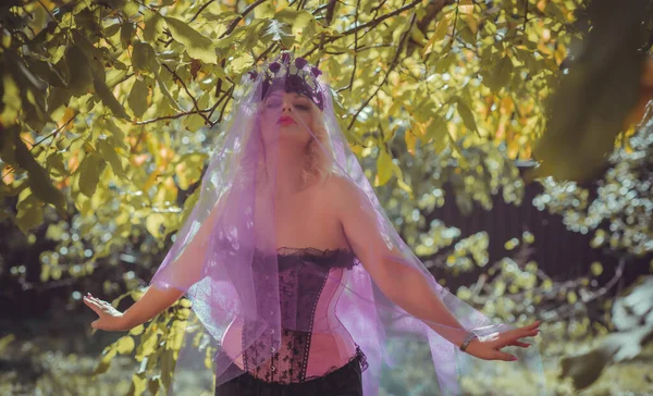 Mariée Halloween Corset Rose Couronne Fleurs Gothiques Voile Sur Fond — Photo