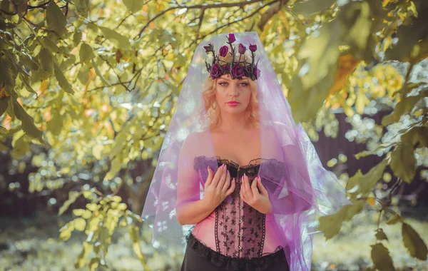 Mariée Halloween Corset Rose Couronne Fleurs Gothiques Voile Sur Fond — Photo