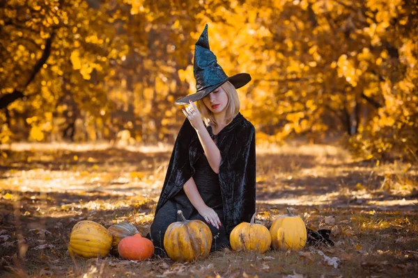 Mystical Scene Witch Black Hat Dress Köpeny Stílus Halloween Hölgyek — Stock Fotó