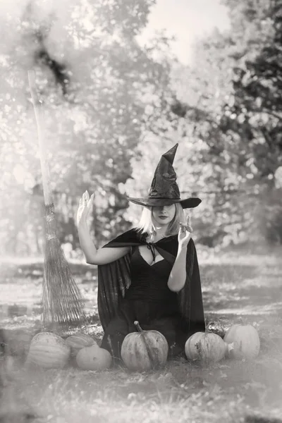 Mistyczna Scena Czarownicą Czarnym Kapeluszu Sukience Peleryna Styl Halloween Panie — Zdjęcie stockowe