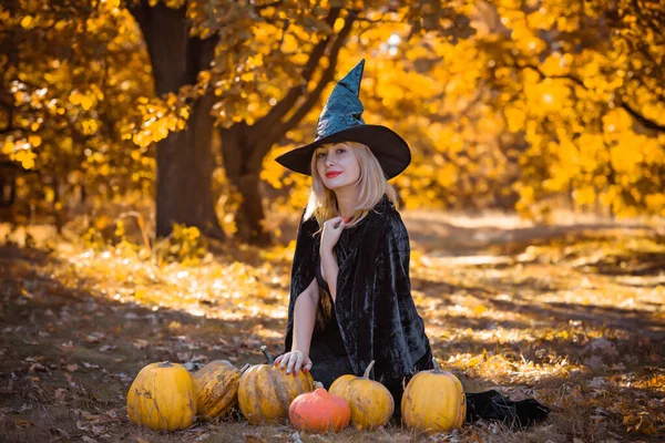 Scène Mystique Avec Sorcière Chapeau Noir Robe Cape Style Halloween — Photo