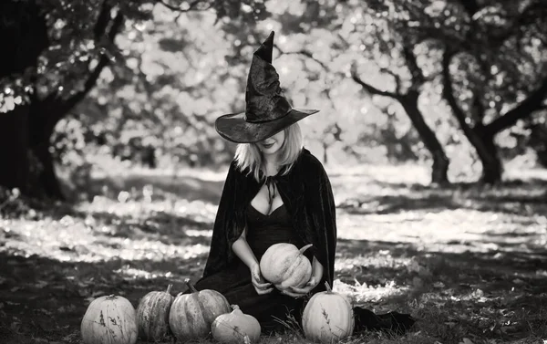 Scène Mystique Avec Sorcière Chapeau Noir Robe Cape Style Halloween — Photo