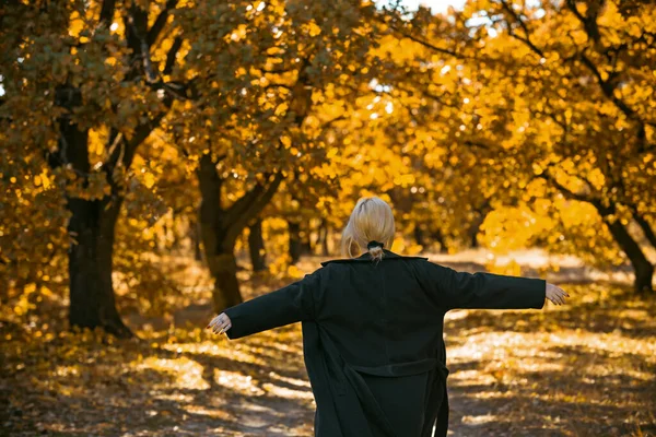 Concepto Ambiente Otoñal Mujer Rubia Con Estilo Jardín Otoño Con —  Fotos de Stock