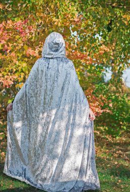 İskandinav konsepti, eski dünya büyüsü, İskandinav konsepti, İskandinav tarzı uzun sarı saçlı, elf, gri mantolu fantezi kadın. Cadılar Bayramı kostümü