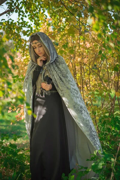 拥有北欧风格的长长的灰金发女士 灰色斗篷的幻想女人 斯堪的纳维亚概念 旧世界的魔法 万圣节服装 — 图库照片