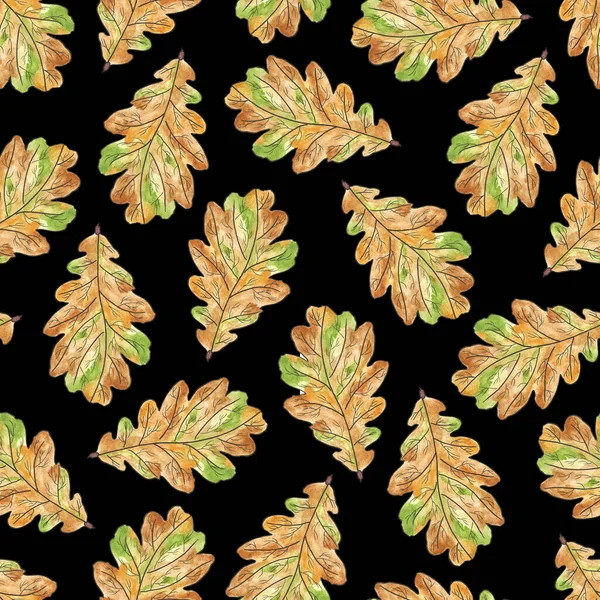Απρόσκοπτη Μοτίβο Φθινοπωρινά Πολύχρωμα Φύλλα Δρυός Μαύρο Φόντο Εικονογράφηση Υδατογραφίας — Φωτογραφία Αρχείου