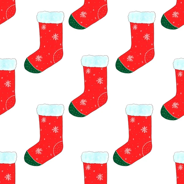 Santas Christmas socks on a white background. Seamless pattern. Red and green socks with snowflakes. Festive watercolor illustration. For printing on fabric, design of cards, packaging.