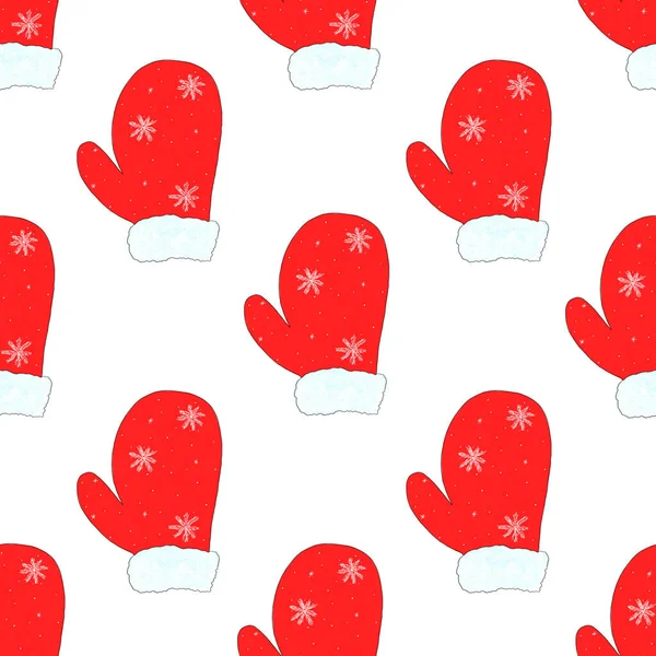Mitenes vermelhas de Natal bonitos com flocos de neve em um fundo branco. A mitene tradicional do Pai Natal. Padrão sem costura. Ilustração aquarela. Para impressão em tecido, design de cartões, embalagem. — Fotografia de Stock