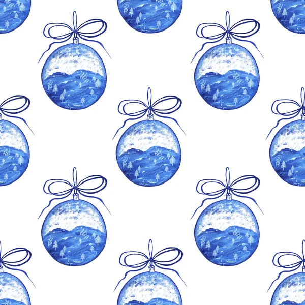 Julen Blå Bollar Med Målad Vinter Landskap Dekorerad Med Båge — Stockfoto
