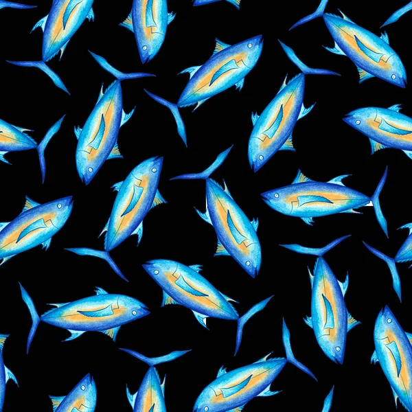 Heldere blauwvintonijn op een zwarte achtergrond. Naadloos patroon. Aquarelillustratie. Zeevissen. Voor het bedrukken op stof, etiketontwerp, verpakking. — Stockfoto