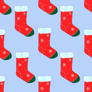 Kusursuz desenli, mavi arka planda kırmızı kürklü ve kar taneli Noel çorapları. Şenlikli suluboya çizimi. Kumaş, kart tasarımı ve ambalaj üzerine baskı yapmak için.