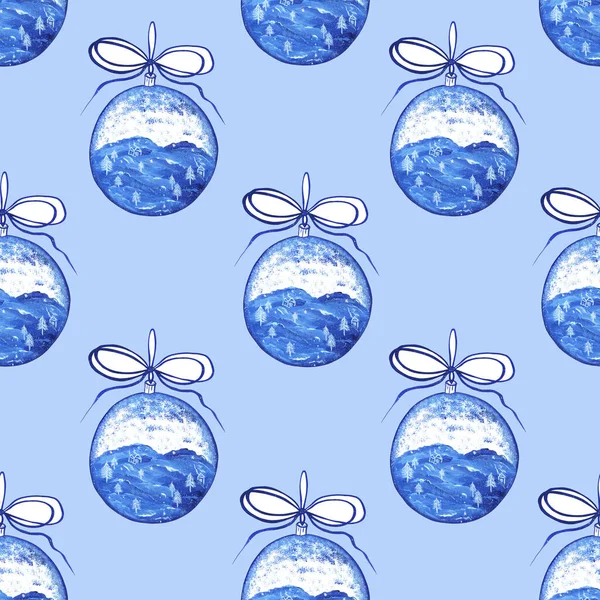 Julbollar med ett målat landskap och dekorerad med rosetter på en blå bakgrund. Sömlöst mönster. Akvarell illustration. För utformning av vykort, emballage, tryck på tyg. — Stockfoto