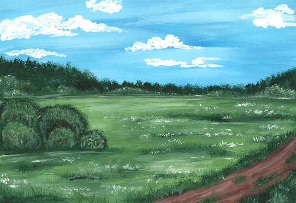 Paesaggio estivo con un prato verde, cespugli, strada, contro un cielo blu con nuvole. Illustrazione acquerello disegnato a mano. — Foto Stock