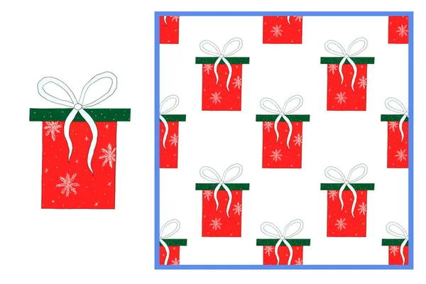 Σύνολο - ένα δώρο κόκκινο κουτί με ένα πράσινο καπάκι, με νιφάδες χιονιού και ένα τόξο, απομονώνονται σε ένα λευκό φόντο και απρόσκοπτη μοτίβο. Χειροποίητη ακουαρέλα. Για το σχεδιασμό καρτ-ποστάλ, συσκευασία. — Φωτογραφία Αρχείου
