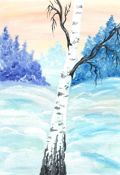 Birch hátterében hó sodródik és erdők. Fehér tél. Hideg nap. Téli táj. Akvarell illusztráció. — Stock Fotó