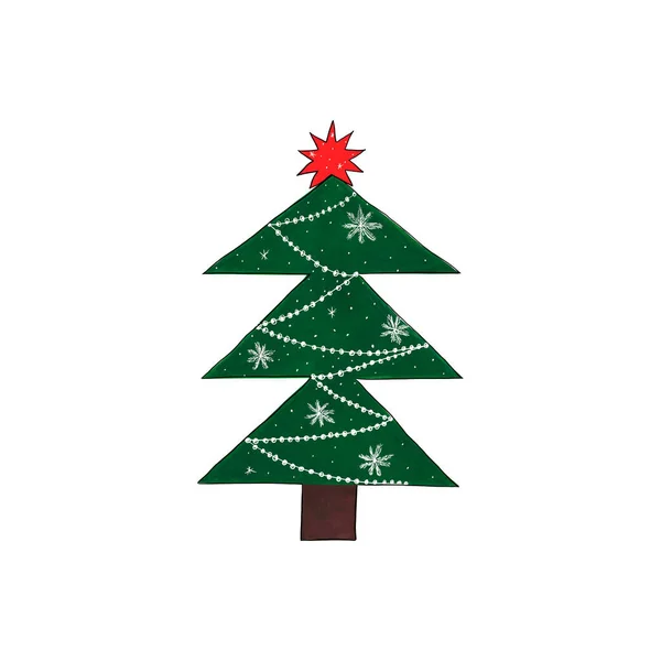 Weihnachtsbaum mit weißen Schneeflocken, einem Kranz und einem roten Stern. Symbolbild. Feiertagssymbol. Aquarellillustration. — Stockfoto