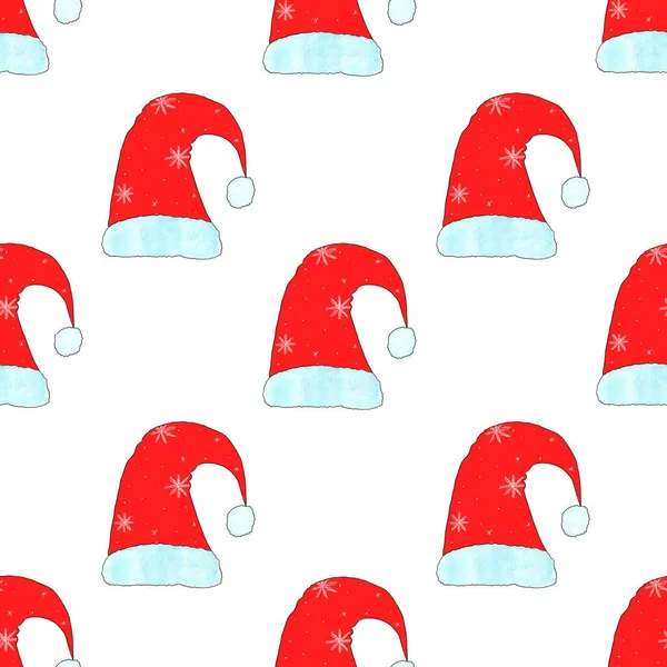 Sombrero de Papá Noel rojo navideño, decorado con piel y copos de nieve. Patrones sin costuras. Símbolo festivo. Plantilla colorida para impresiones, textiles, envases, fondos de pantalla. Ilustración en acuarela. — Foto de Stock