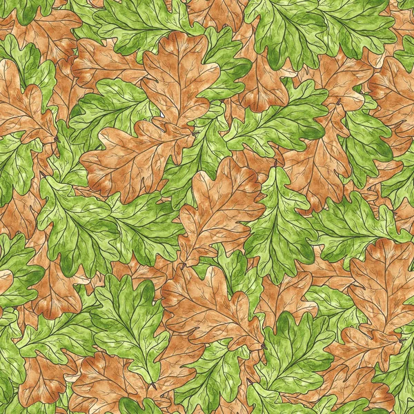 緑とベージュのオークの葉-シームレスなパターン。秋の自然印刷。水彩イラスト。生地、包装に印刷するため. — ストック写真