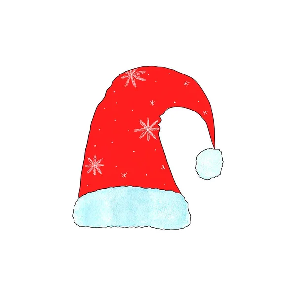 伝統的な赤いサンタクロースの帽子は 白い背景に隔離された雪片と白い毛皮のパターンで飾られています アイコン クリスマスのシンボル 水彩イラスト 休日カードのデザインのために — ストック写真